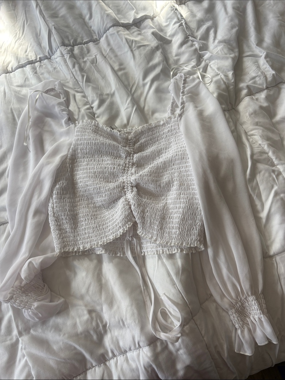 White Smocked Ruched Long-Sleeve Crop Top
